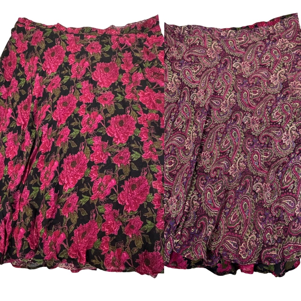 Coldwater Creek Reversible Skirt Women PXL Floral Paisley Rayon Midi Pink Purple